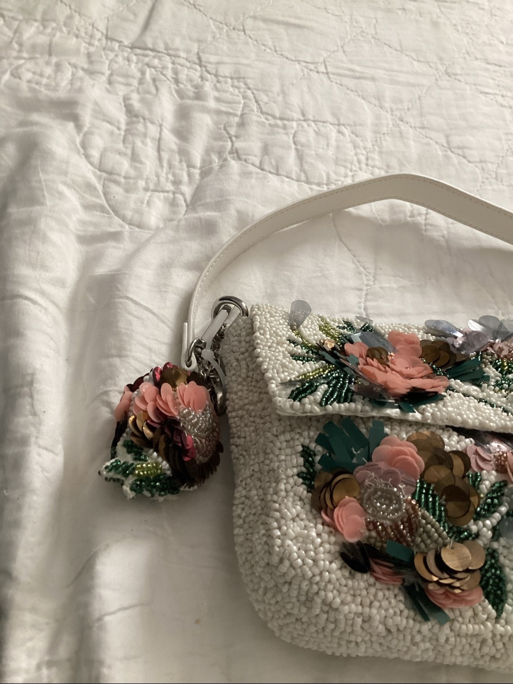 Embellished White Floral Beaded Clutch